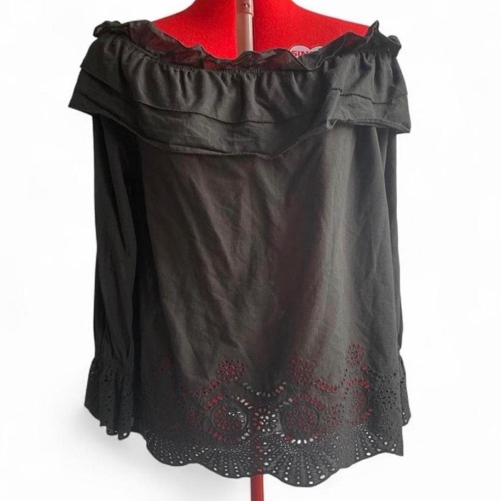 mittoshop black off the shoulder cotton blouse with eyelet lace trim large